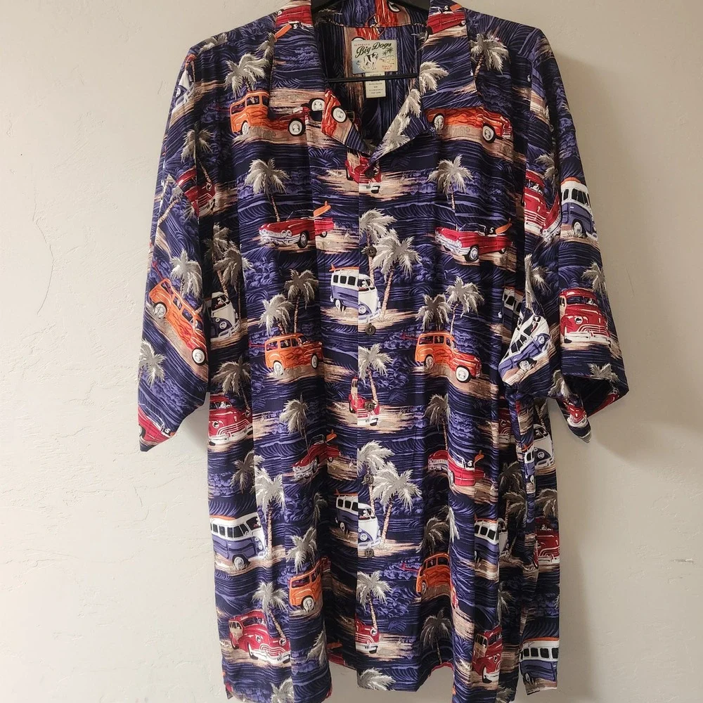 Vintage Big‎ Dogs Blue Shirt Size 3X Hawaiian Woodie Classic Cars Tropical Palm